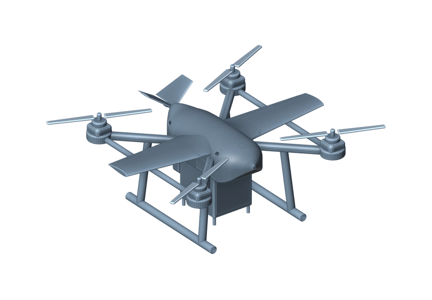 MARDE Air current engineering concept, derived from the supplied Blender model: winged airframe, four lift rotors and an underslung payload interface. Not finalized hardware.